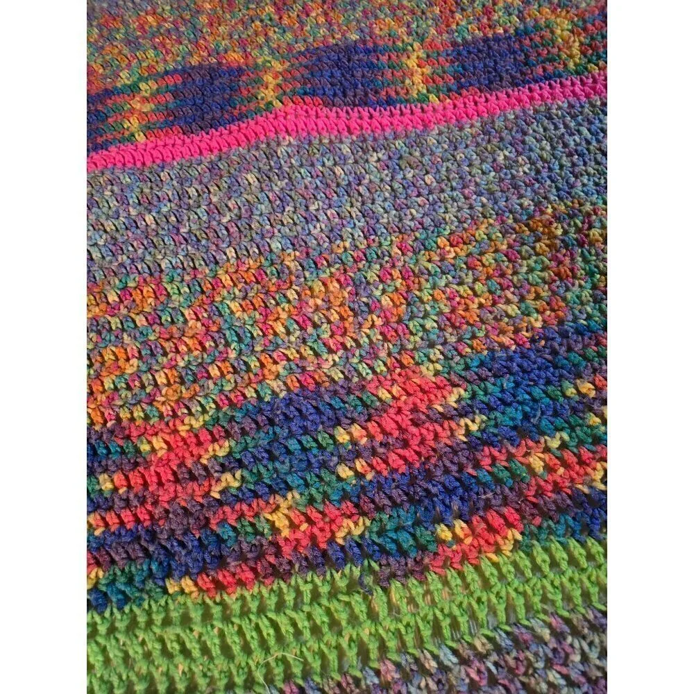 Vintage Handmade Colorful Space Dye Afghan Knit Crochet Throw Blanket Cottage Gr